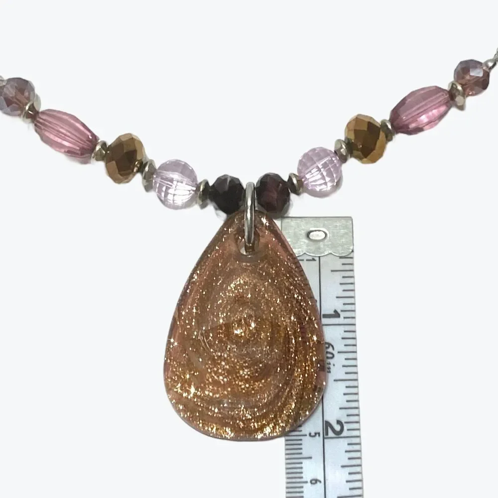 Art Glass Pendant Necklace Copper Aventurine Glitter Teardrop Crystal Beads